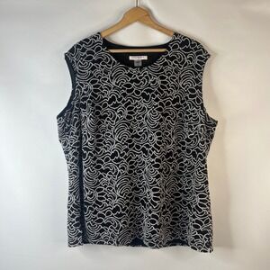 Allison Daley Plus Blouse Women 3X Black White Scroll Lace Sleeveless Lined Top